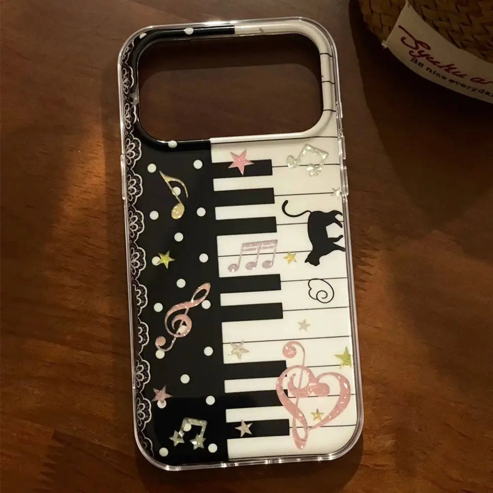 Korean Ins Music Note Kitten Cat Piano Shining Phone Case For iPhone 18 17 Air 16 15 14 13 12 11 Pro 16 Plus Mini Y2K Cover