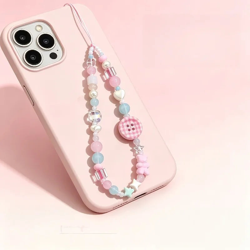 Korean Sweet Cute 3D Pink Button Beaded Phone Chain Charm Lanyard For iPhone Samsung Universal Anti-Loss Hanging Rope Jewelry