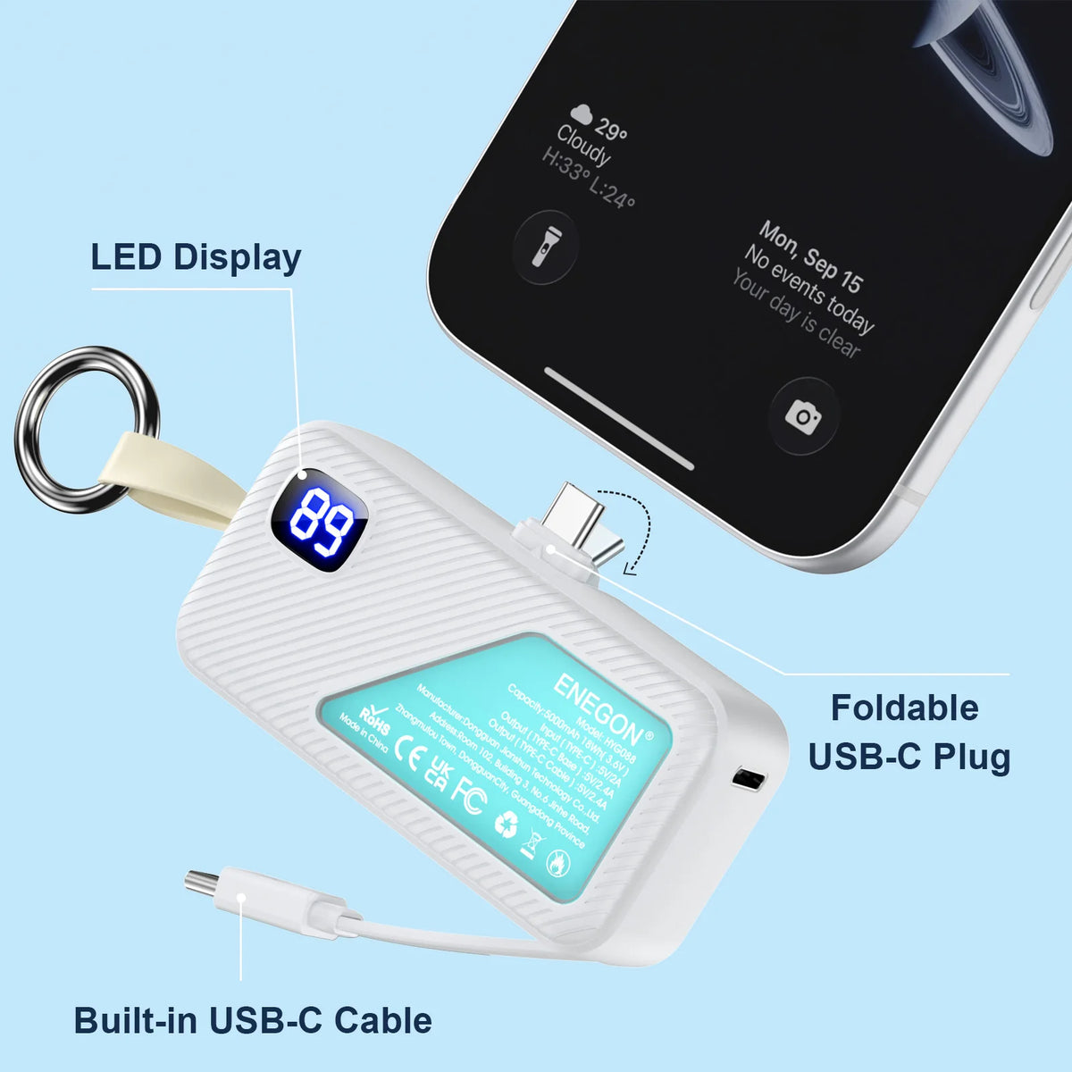1Pack / 2 Pack 5000mAh Mini Power Bank, Portable USB C Charger with LED Display, Fast Charging External Battery for iPhone Samsung Xiaomi