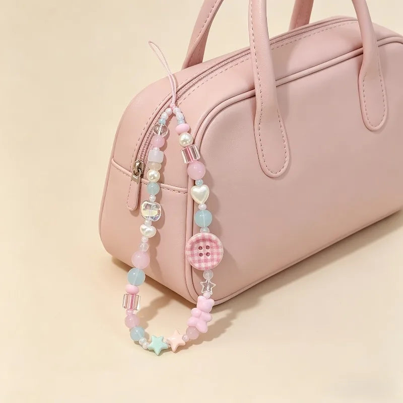 Korean Sweet Cute 3D Pink Button Beaded Phone Chain Charm Lanyard For iPhone Samsung Universal Anti-Loss Hanging Rope Jewelry