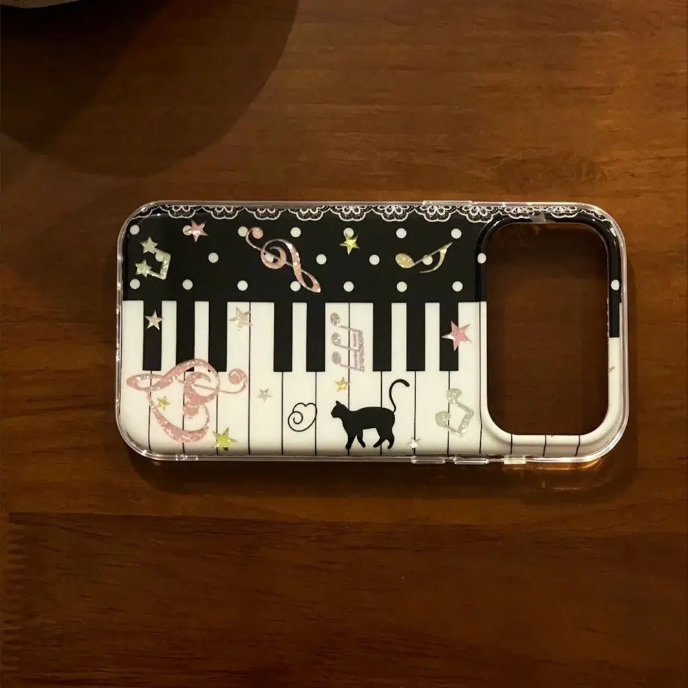 Korean Ins Music Note Kitten Cat Piano Shining Phone Case For iPhone 18 17 Air 16 15 14 13 12 11 Pro 16 Plus Mini Y2K Cover