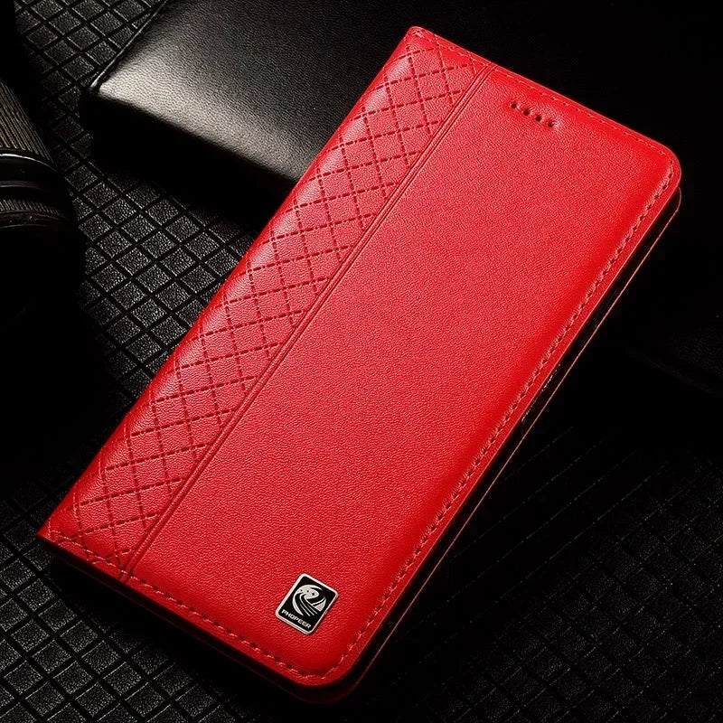 Flip Case For XIAOMI 17 17Pro Pro Max 5G Genuine Leather Magnetic Book Cover Luxury Cowhide Grid Pattern Wallet Cases Covers