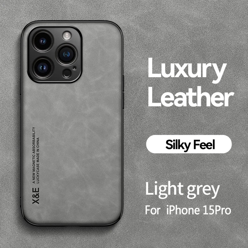 Luxury Leather Case For iPhone 17 16 15 14 13 12 11 Pro Max Plus 16e 12 13 Mini Xs Max Cover With Metal Plate Support Car Hold