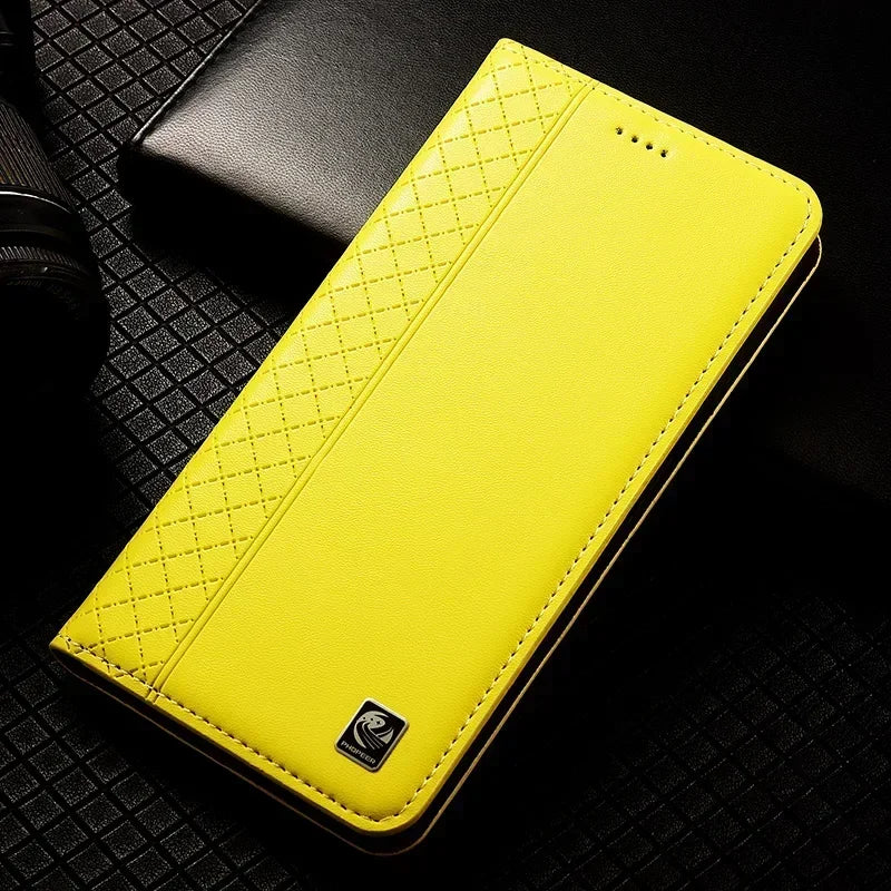 Flip Case For XIAOMI 17 17Pro Pro Max 5G Genuine Leather Magnetic Book Cover Luxury Cowhide Grid Pattern Wallet Cases Covers