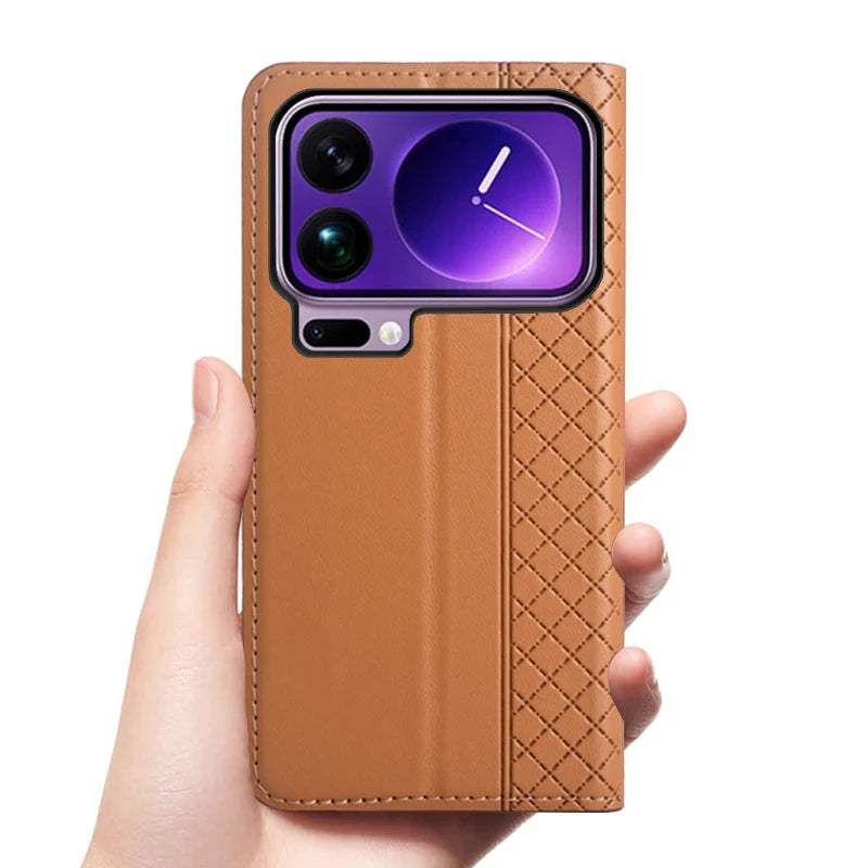 Flip Case For XIAOMI 17 17Pro Pro Max 5G Genuine Leather Magnetic Book Cover Luxury Cowhide Grid Pattern Wallet Cases Covers