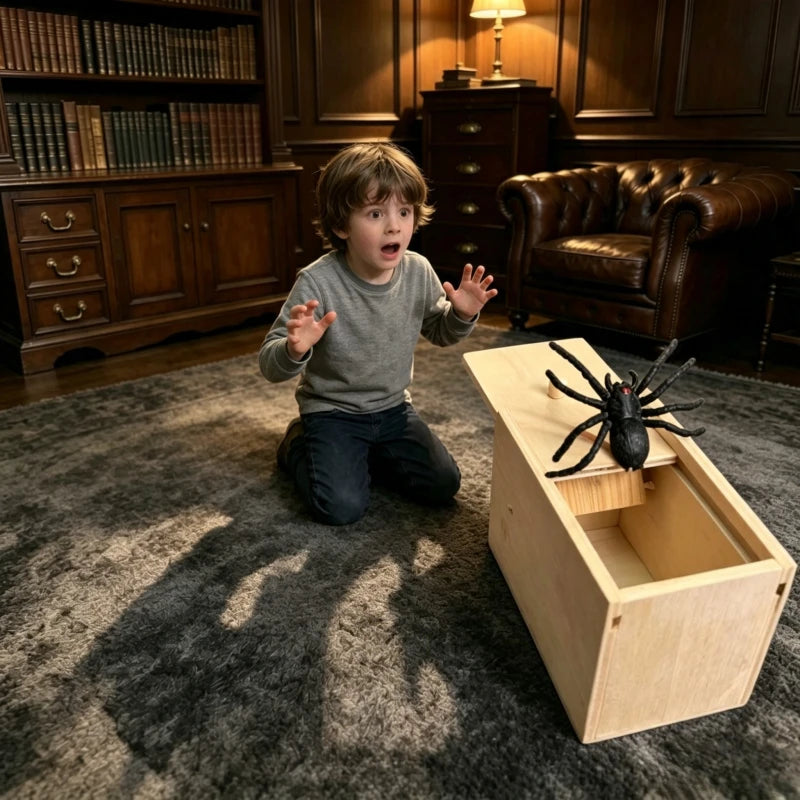 Spider Prank Box – Wooden Surprise Scare Toy with Pop-Out Rubber Spider, Fun Gag Gift, Halloween Party Game, Practical Joke Box for Kids, Adults, Friends – Handmade, Novelty, Party Favors