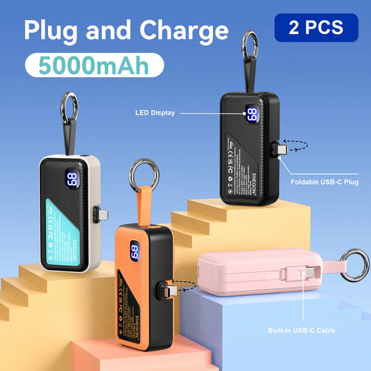 1Pack / 2 Pack 5000mAh Mini Power Bank, Portable USB C Charger with LED Display, Fast Charging External Battery for iPhone Samsung Xiaomi
