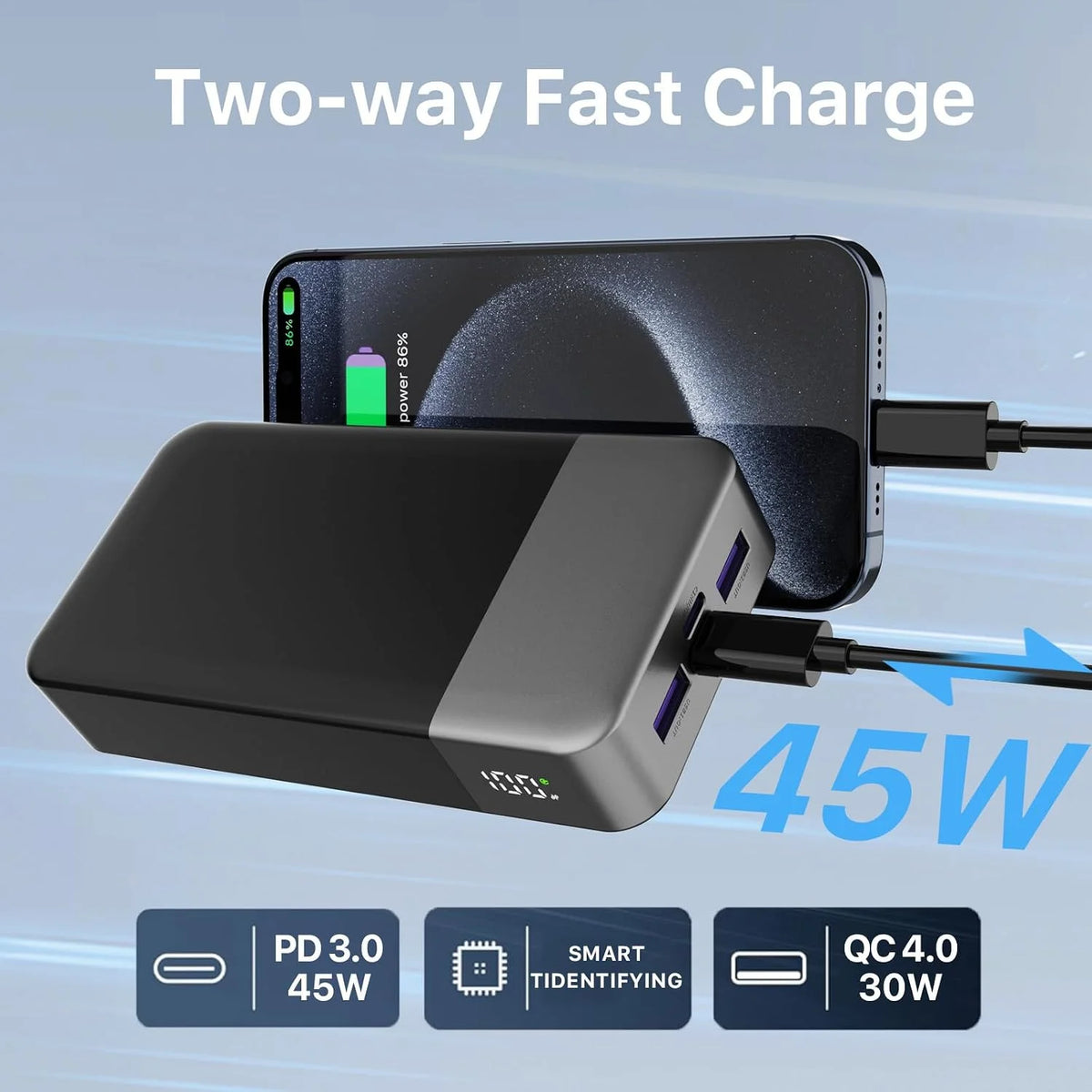 Nobis 20000mAh 45W Powerbank Fast Charge Power Bank with LED Display, Super Fast Charging Portable Charger with LED Display for iPhone 17 16 15 14 13