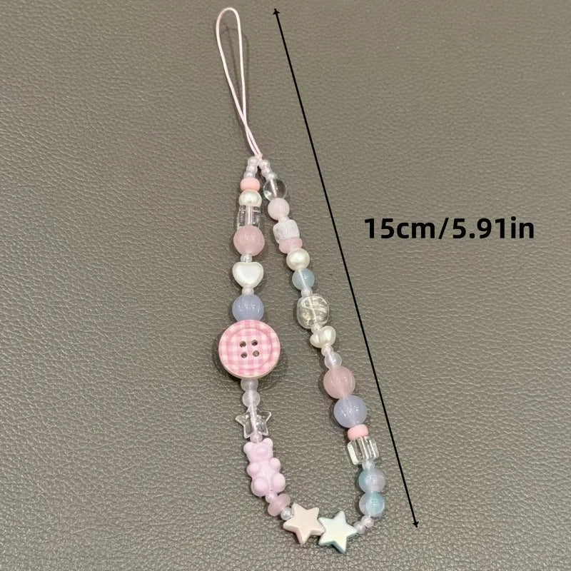 Korean Sweet Cute 3D Pink Button Beaded Phone Chain Charm Lanyard For iPhone Samsung Universal Anti-Loss Hanging Rope Jewelry