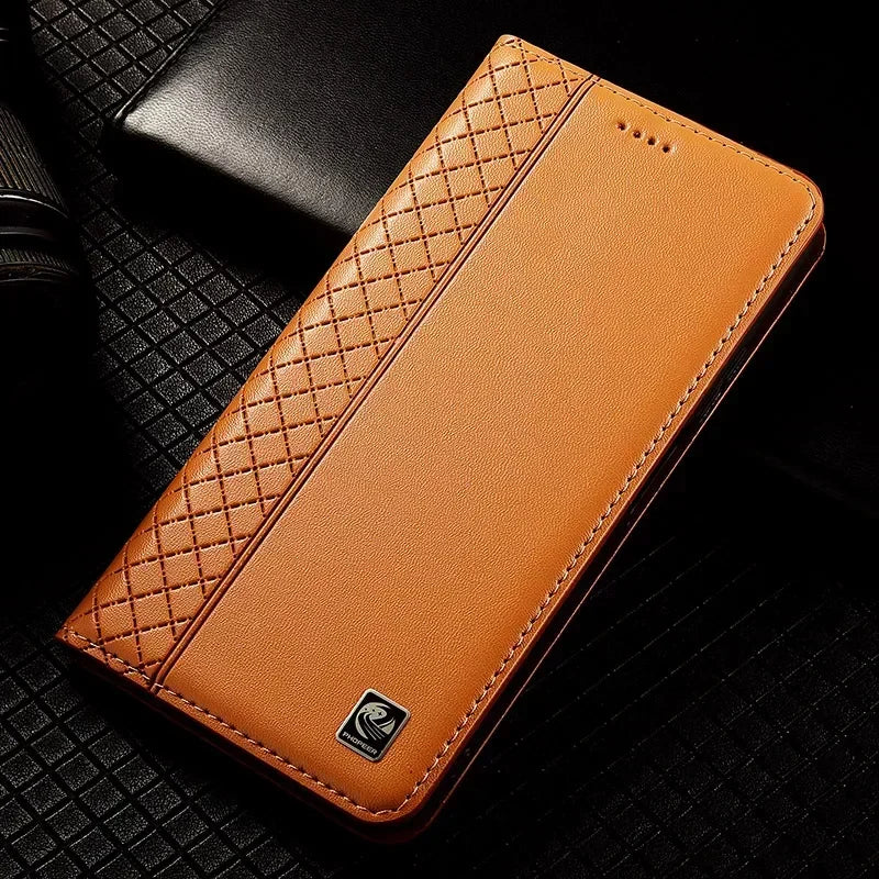 Flip Case For XIAOMI 17 17Pro Pro Max 5G Genuine Leather Magnetic Book Cover Luxury Cowhide Grid Pattern Wallet Cases Covers