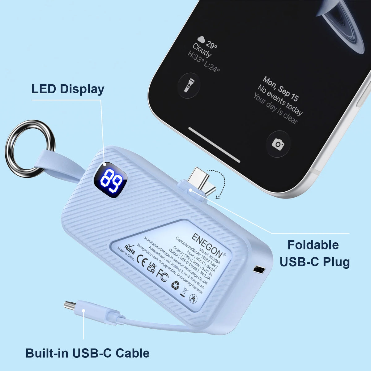 1Pack / 2 Pack 5000mAh Mini Power Bank, Portable USB C Charger with LED Display, Fast Charging External Battery for iPhone Samsung Xiaomi