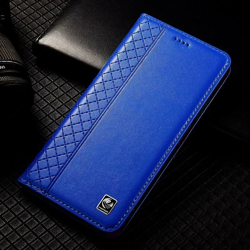 Flip Case For XIAOMI 17 17Pro Pro Max 5G Genuine Leather Magnetic Book Cover Luxury Cowhide Grid Pattern Wallet Cases Covers