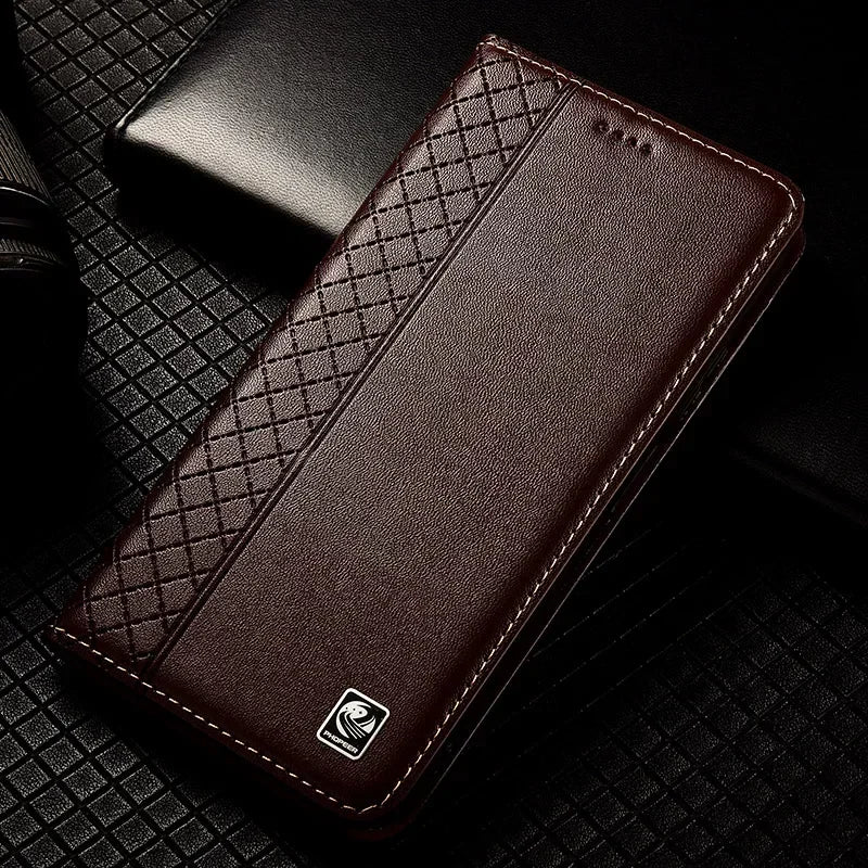 Flip Case For XIAOMI 17 17Pro Pro Max 5G Genuine Leather Magnetic Book Cover Luxury Cowhide Grid Pattern Wallet Cases Covers