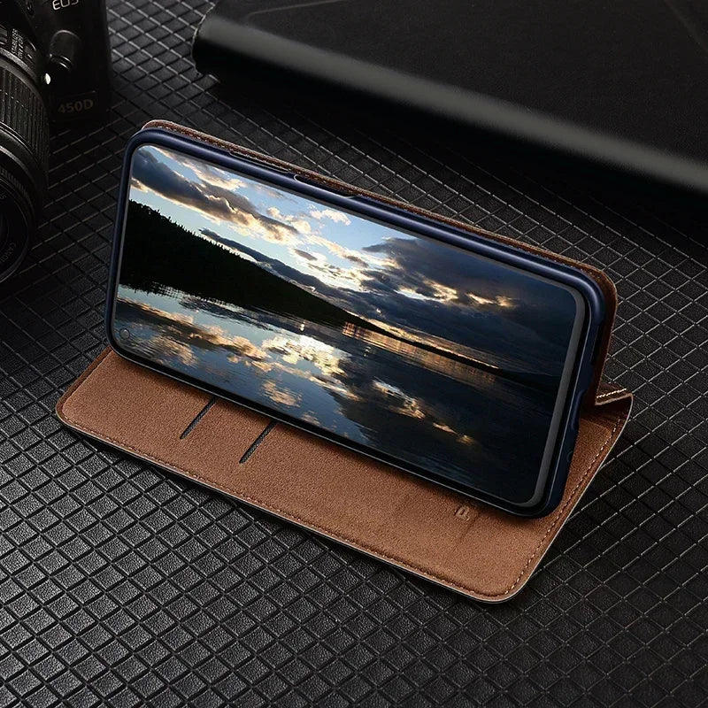 Flip Case For XIAOMI 17 17Pro Pro Max 5G Genuine Leather Magnetic Book Cover Luxury Cowhide Grid Pattern Wallet Cases Covers