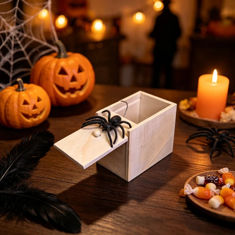 Spider Prank Box – Wooden Surprise Scare Toy with Pop-Out Rubber Spider, Fun Gag Gift, Halloween Party Game, Practical Joke Box for Kids, Adults, Friends – Handmade, Novelty, Party Favors