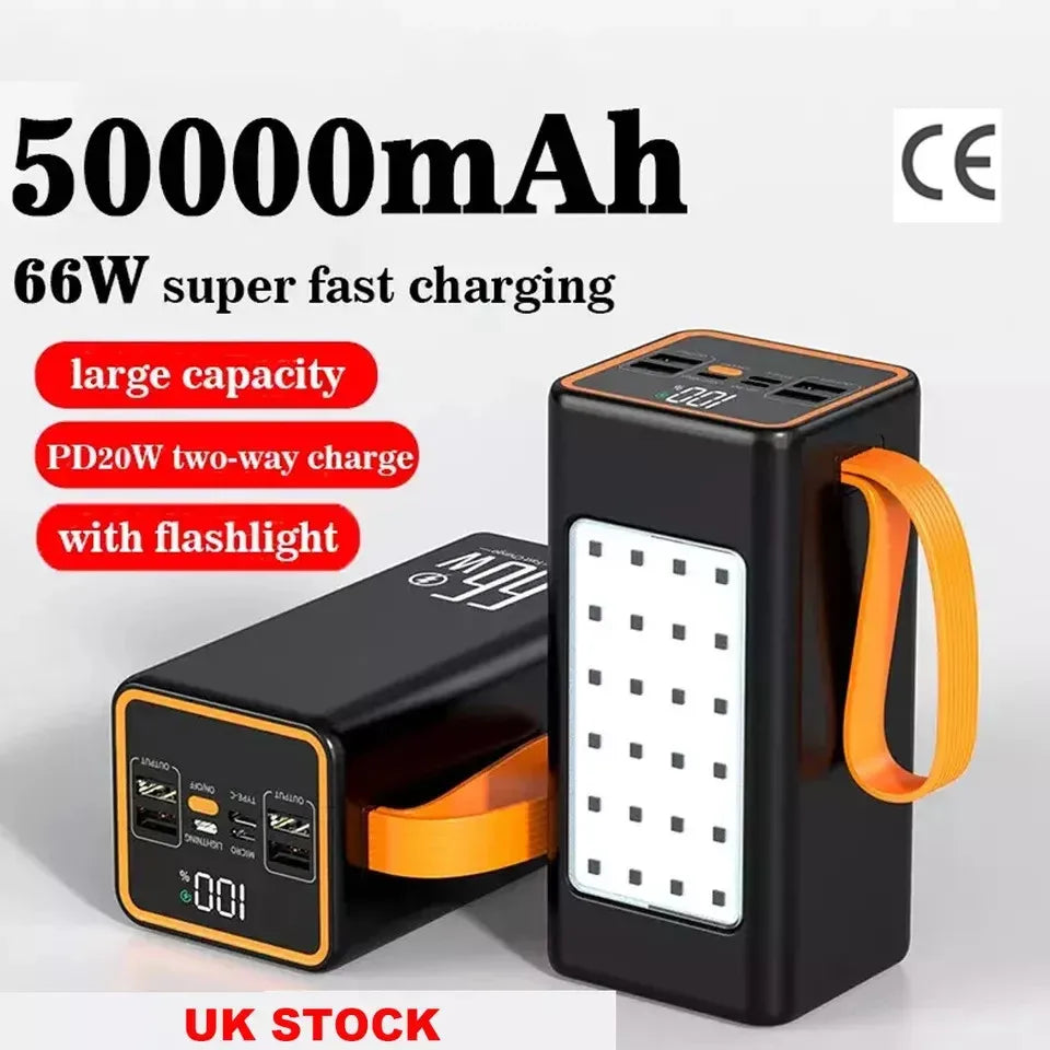 50000mAh-Power Bank 66W PD Fast Charging – Outdoor Camping Battery Pack with UK Plug