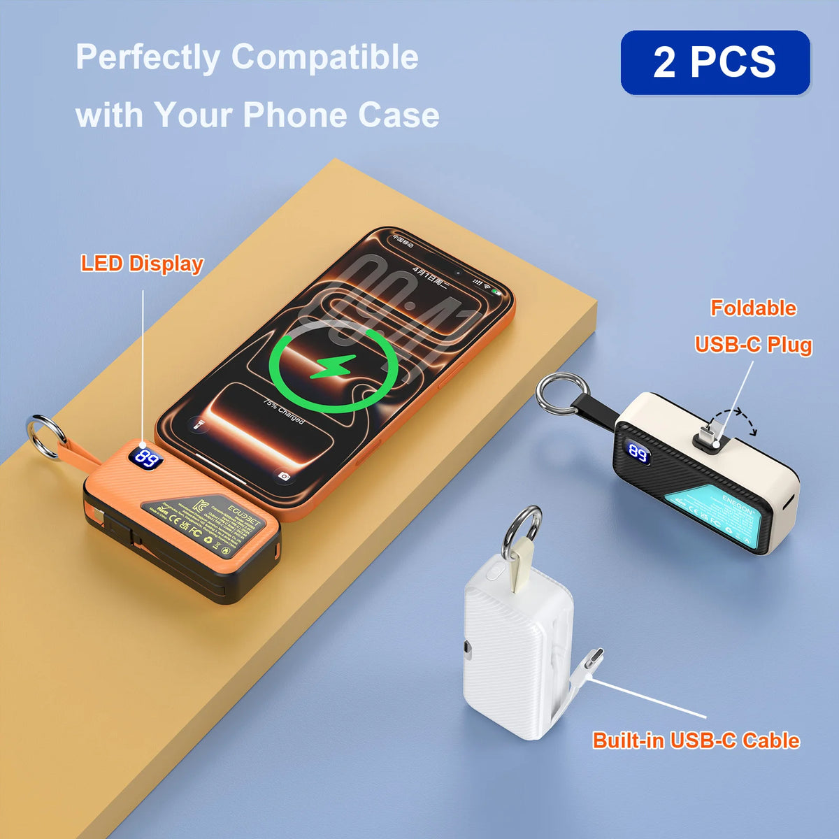 1Pack / 2 Pack 5000mAh Mini Power Bank, Portable USB C Charger with LED Display, Fast Charging External Battery for iPhone Samsung Xiaomi