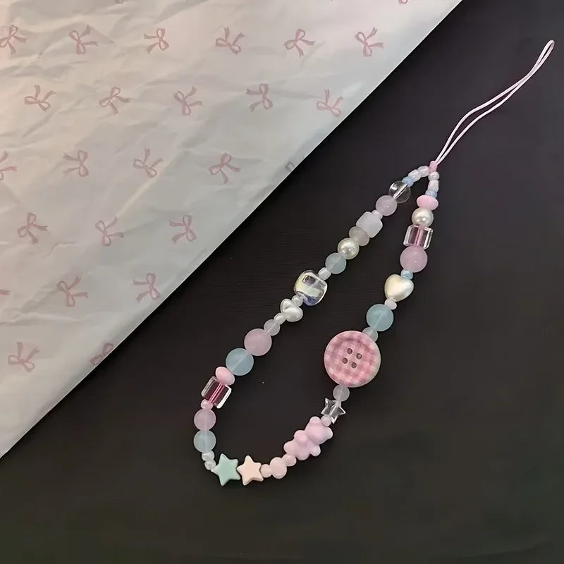 Korean Sweet Cute 3D Pink Button Beaded Phone Chain Charm Lanyard For iPhone Samsung Universal Anti-Loss Hanging Rope Jewelry