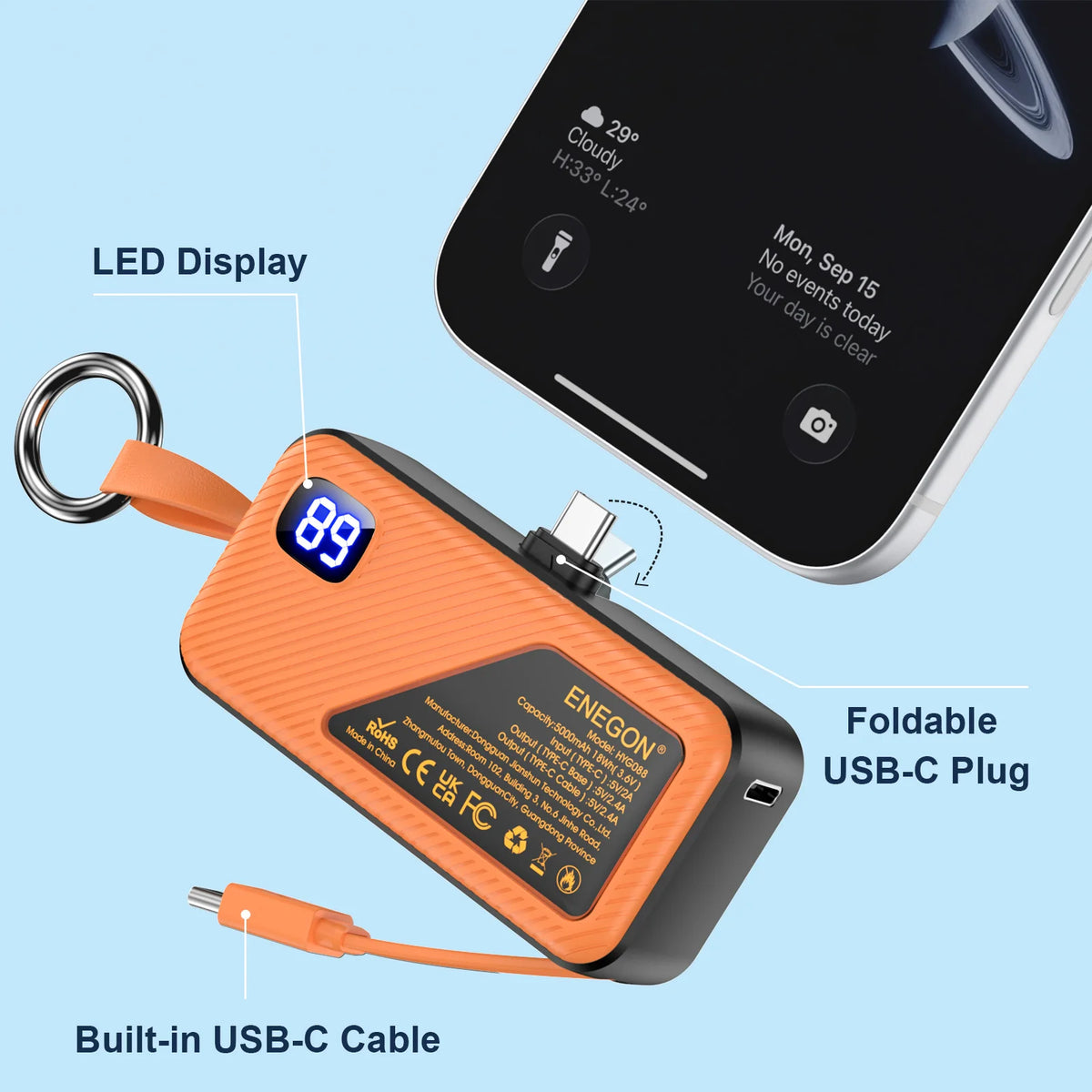 1Pack / 2 Pack 5000mAh Mini Power Bank, Portable USB C Charger with LED Display, Fast Charging External Battery for iPhone Samsung Xiaomi