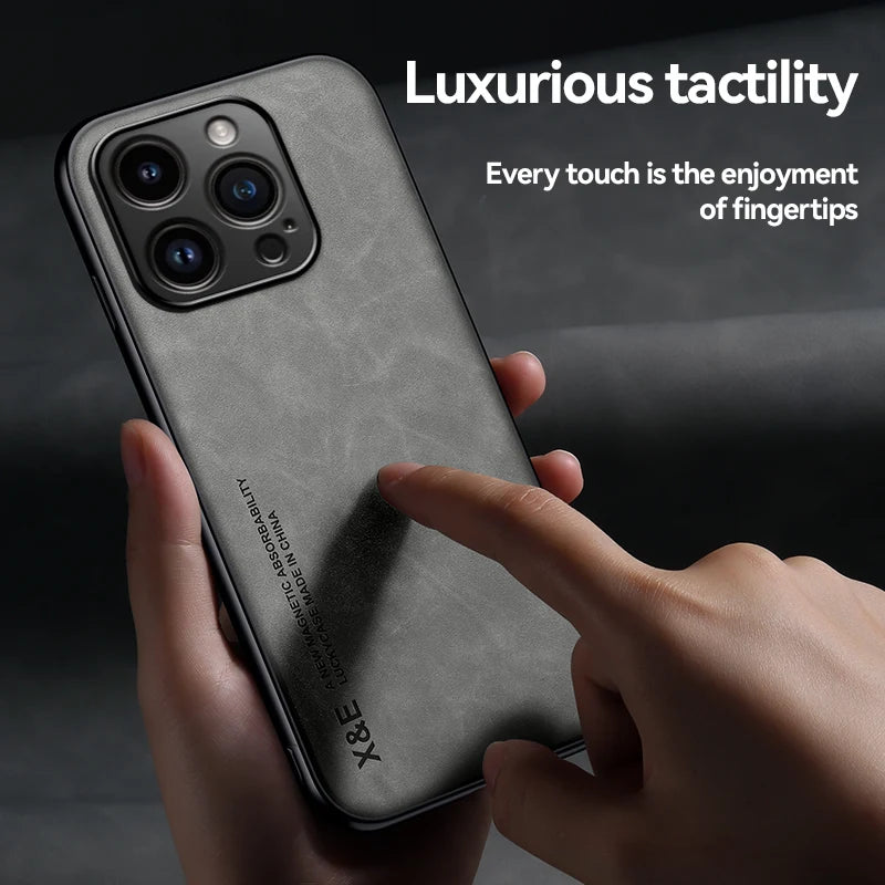 Luxury Leather Case For iPhone 17 16 15 14 13 12 11 Pro Max Plus 16e 12 13 Mini Xs Max Cover With Metal Plate Support Car Hold