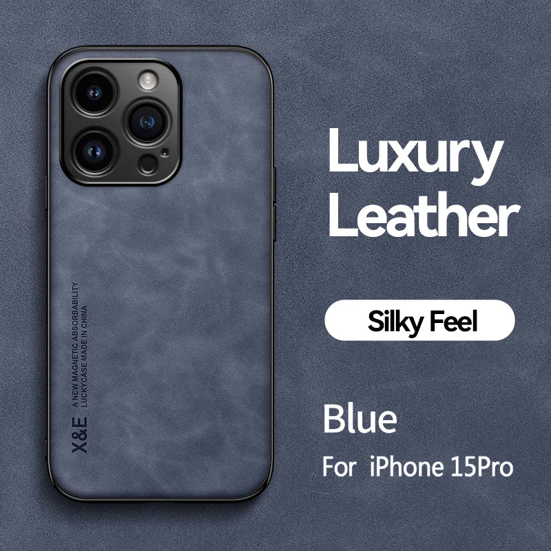 Luxury Leather Case For iPhone 17 16 15 14 13 12 11 Pro Max Plus 16e 12 13 Mini Xs Max Cover With Metal Plate Support Car Hold
