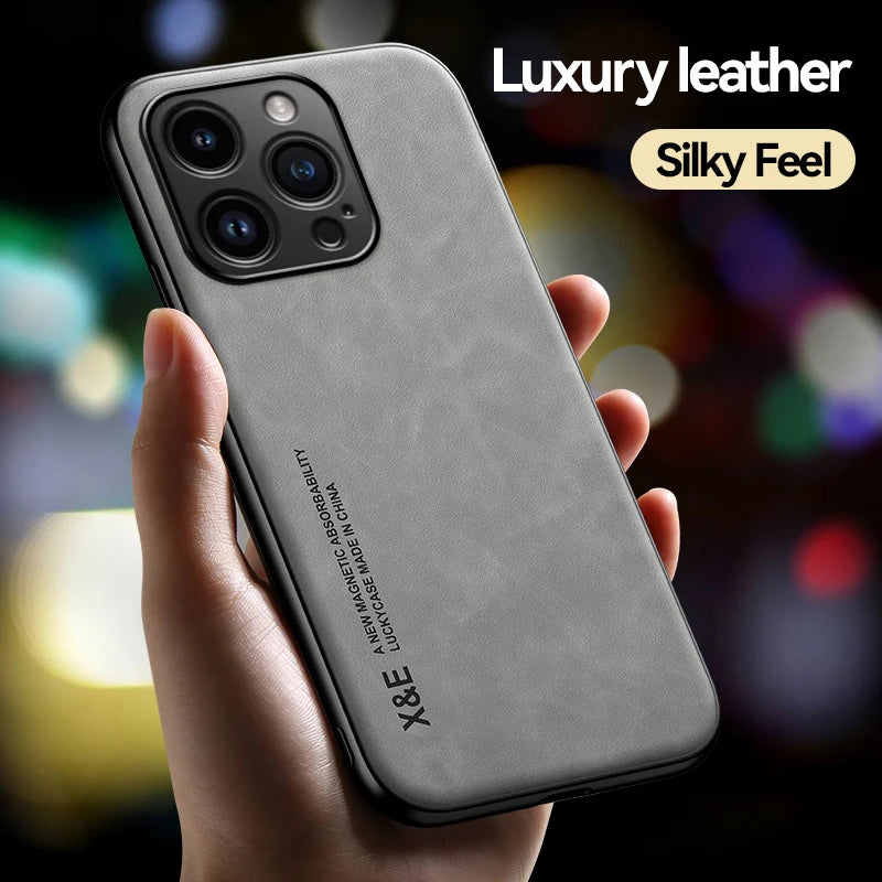 Luxury Leather Case For iPhone 17 16 15 14 13 12 11 Pro Max Plus 16e 12 13 Mini Xs Max Cover With Metal Plate Support Car Hold
