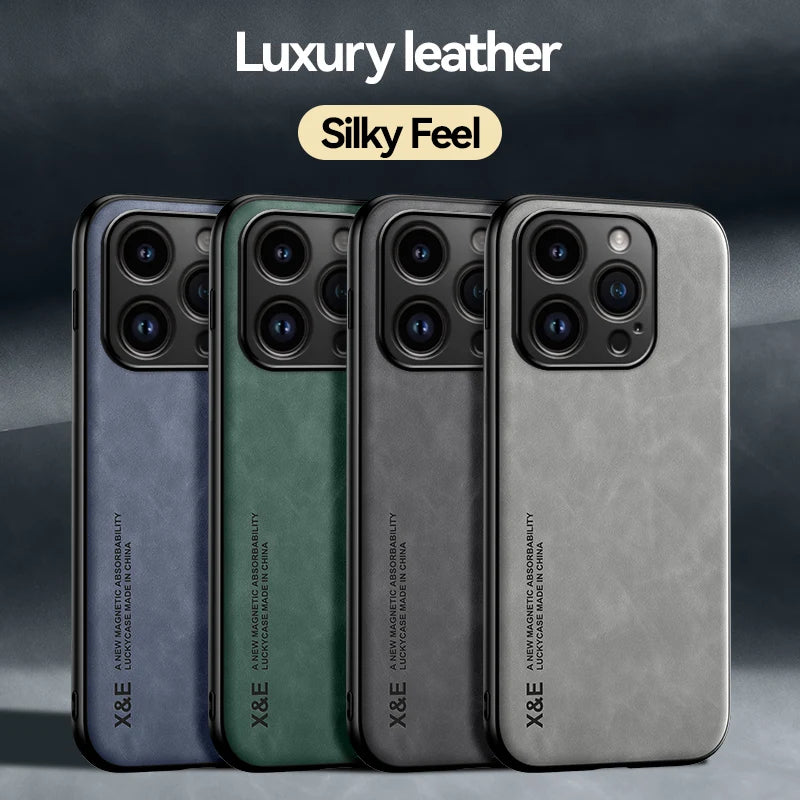 Luxury Leather Case For iPhone 17 16 15 14 13 12 11 Pro Max Plus 16e 12 13 Mini Xs Max Cover With Metal Plate Support Car Hold