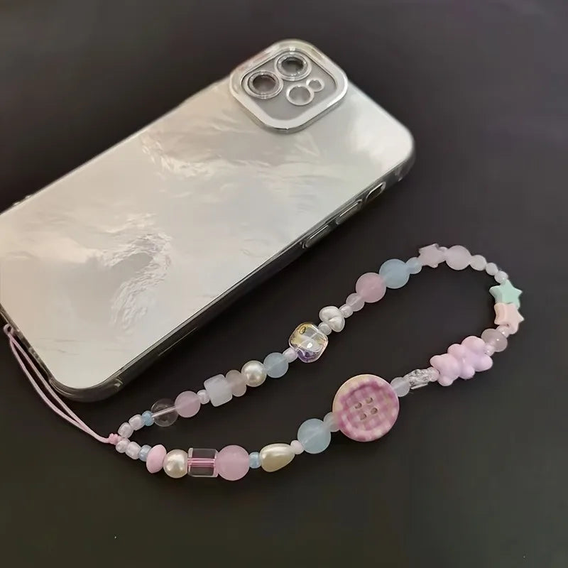 Korean Sweet Cute 3D Pink Button Beaded Phone Chain Charm Lanyard For iPhone Samsung Universal Anti-Loss Hanging Rope Jewelry