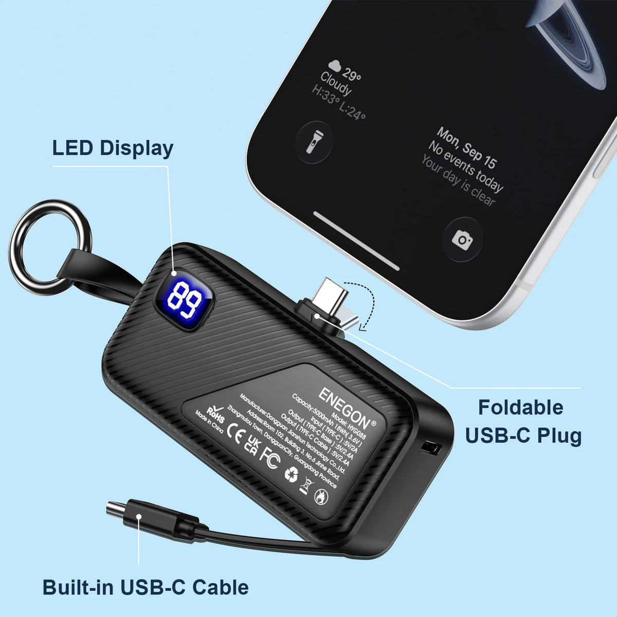 1Pack / 2 Pack 5000mAh Mini Power Bank, Portable USB C Charger with LED Display, Fast Charging External Battery for iPhone Samsung Xiaomi