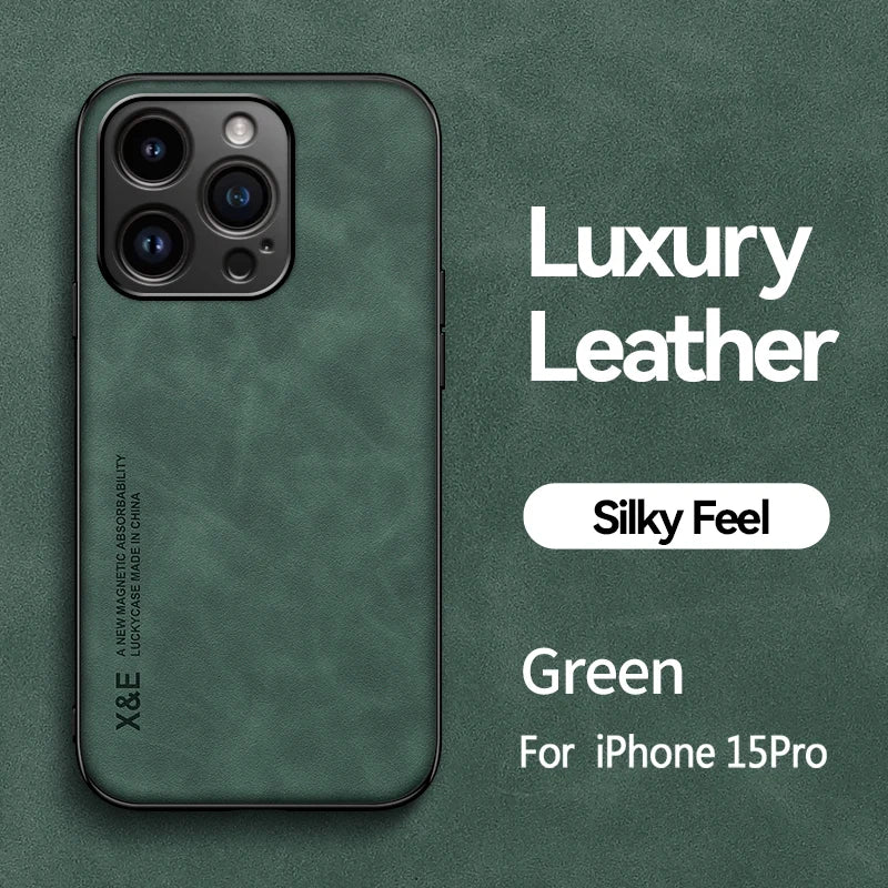 Luxury Leather Case For iPhone 17 16 15 14 13 12 11 Pro Max Plus 16e 12 13 Mini Xs Max Cover With Metal Plate Support Car Hold