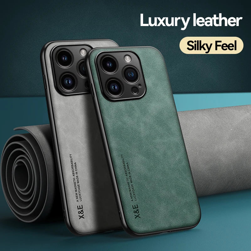 Luxury Leather Case For iPhone 17 16 15 14 13 12 11 Pro Max Plus 16e 12 13 Mini Xs Max Cover With Metal Plate Support Car Hold