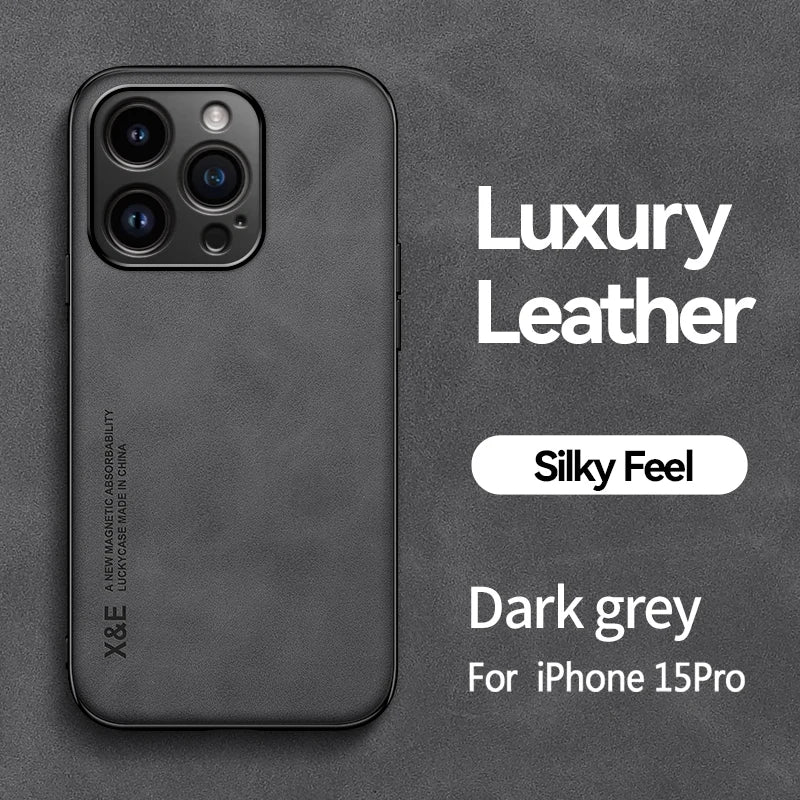 Luxury Leather Case For iPhone 17 16 15 14 13 12 11 Pro Max Plus 16e 12 13 Mini Xs Max Cover With Metal Plate Support Car Hold