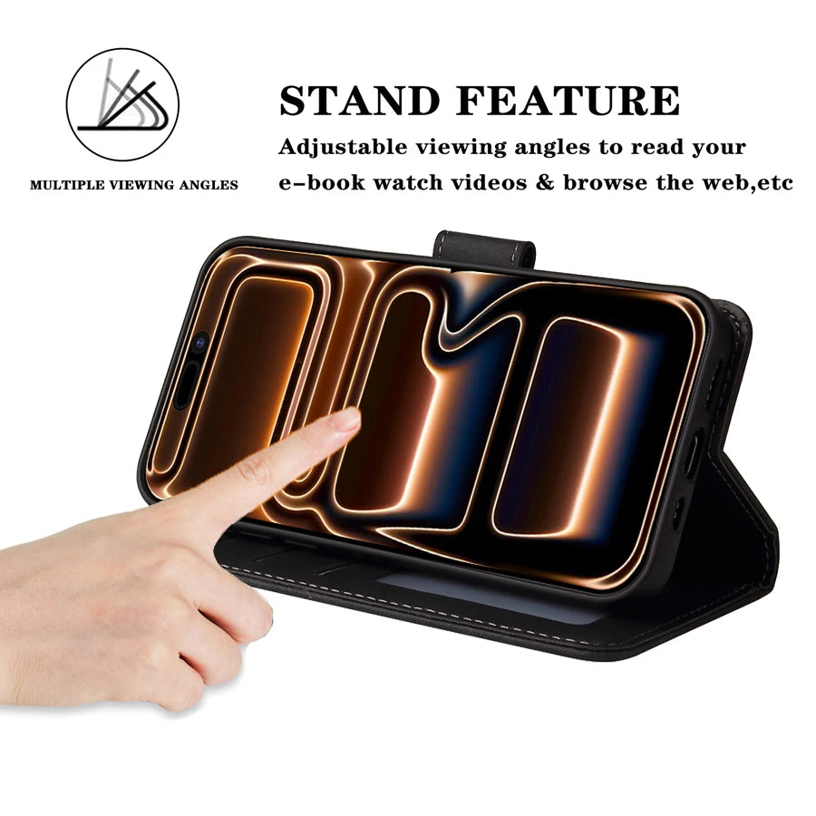 Wallet Skin-friendly With Card Slot Bracket Magnetic Flip Case For Apple iPhone Air 17 Pro Max 16e 15 Plus 14 13 12 11 XR Cover