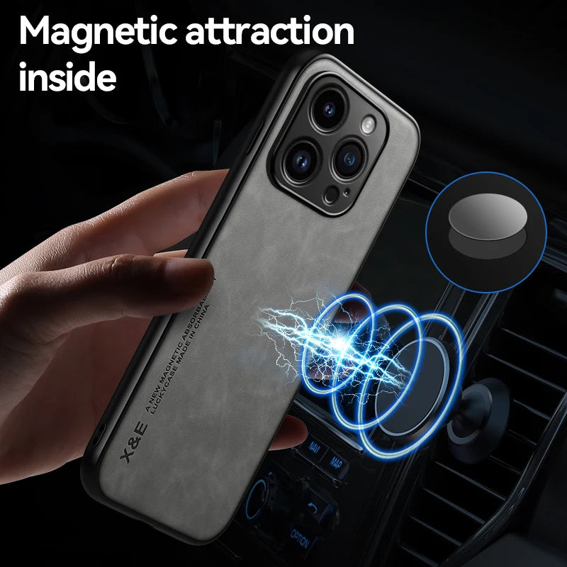 Luxury Leather Case For iPhone 17 16 15 14 13 12 11 Pro Max Plus 16e 12 13 Mini Xs Max Cover With Metal Plate Support Car Hold