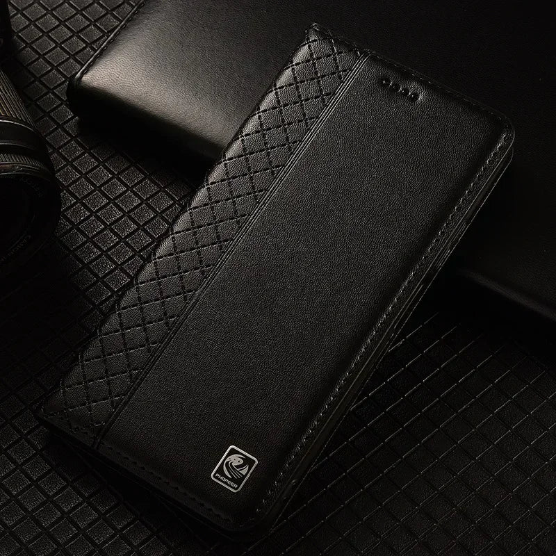 Flip Case For XIAOMI 17 17Pro Pro Max 5G Genuine Leather Magnetic Book Cover Luxury Cowhide Grid Pattern Wallet Cases Covers