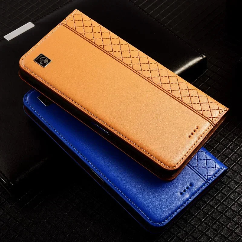 Flip Case For XIAOMI 17 17Pro Pro Max 5G Genuine Leather Magnetic Book Cover Luxury Cowhide Grid Pattern Wallet Cases Covers